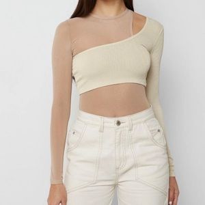 Mesh body suit with beige overlay one shoulder